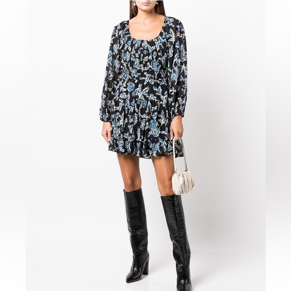 Tanya Taylor Edita Silk Crinkled Long Sleeve Floral Mini Dress Size S